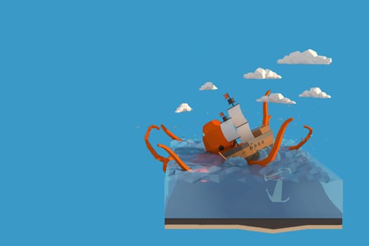 3D illustrator of giant squid attack ship. 3D rendering of a low polygon model including path selection