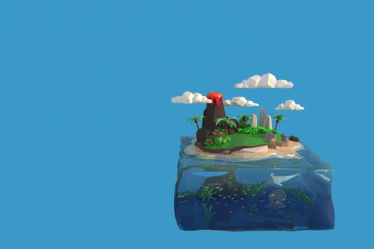 3D illustrator of Island. 3D rendering of a low polygon model including path selection