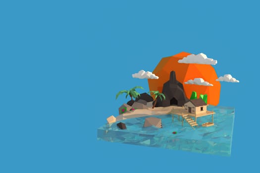 3D illustrator of sunset on the beach. 3D rendering of a low polygon model including path selection