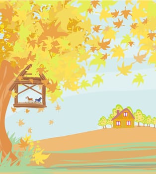 bird feeder in autumn scenery