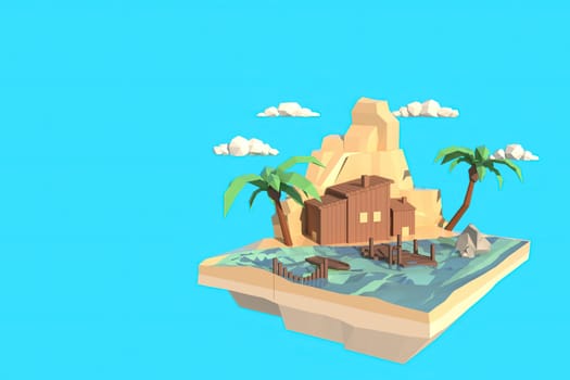 3D illustrator small house by the river. 3d rendering Low Polygon Geometry. Lowpoly Minimal Style Art.