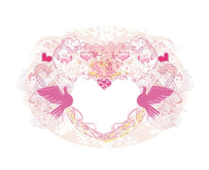 Romantic card with love birds - decorative pink heart-shaped frame