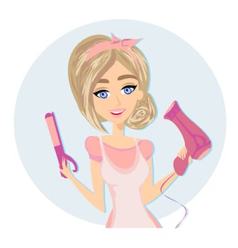 beautiful hairdresser with a hair dryer and a curling iron in her hand