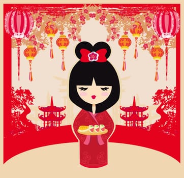 Traditional japanese pretty girl serves sushi.