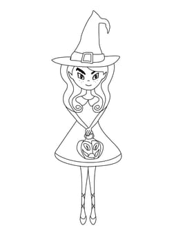 coloring book of cute witch with Halloween pumpkin