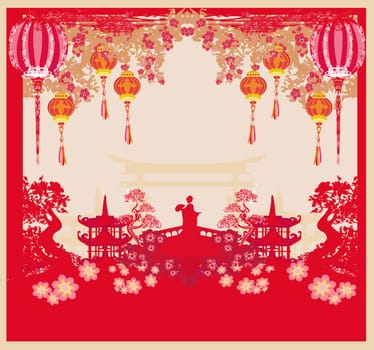 Abstract decorative frame with Asian girl