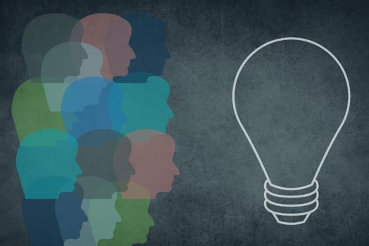 Silhouette of a face with a lightbulb, textured background, empty copy space for text