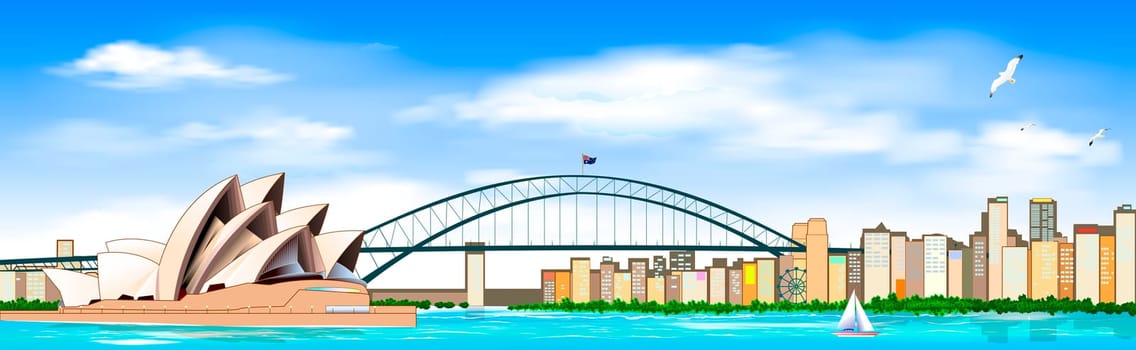 Australian city of Sydney. Sea. Bridge over the bay. Blue sky with clouds. City landscape.