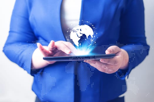 Business women with laptop on blurred background, Technology people connection network concept
