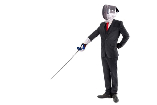 Male fencer businessman, ready for a duel isolated in white background