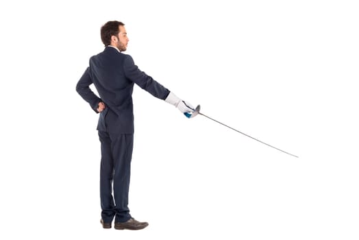 Male fencer businessman, ready for a duel isolated in white background