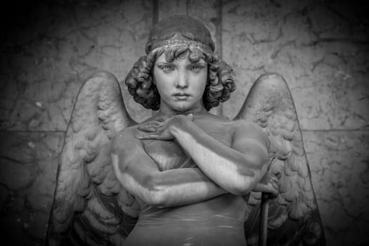 GENOA, ITALY - CIRCA AUGUST 2020: Angel sculpture by Giulio Monteverde for the Oneto family monument in Staglieno Cemetery, Genoa - Italy (1882)