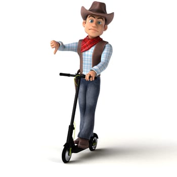 Fun 3D illustration of a fun cowboy on an electric scooter