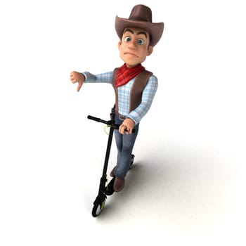 Fun 3D illustration of a fun cowboy on an electric scooter