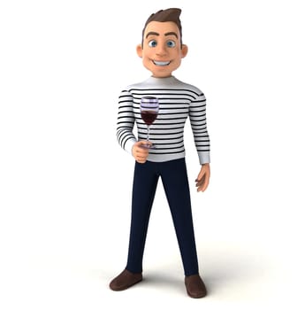 Fun 3D illustration of a cartoon character with a glass of wine