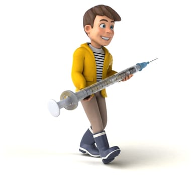 Fun 3D Illustration of a cartoon kid with rain gear