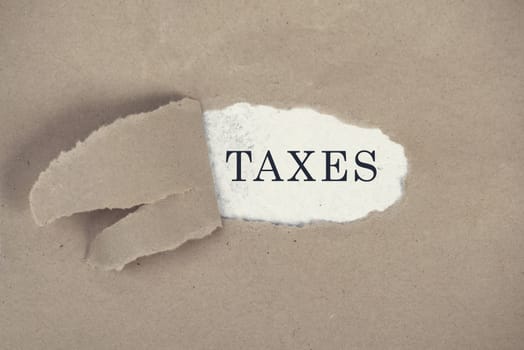 The word taxes is standing ona white background, ripped textured paper