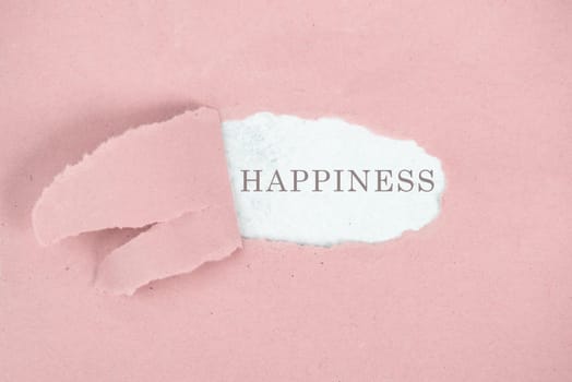 The word happiness is standing on a white background, ripped textured paper