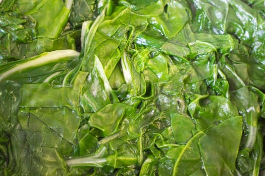 Boiled spinach on colander. Selective focus