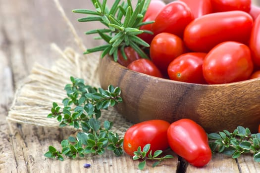 mini roma tomatoes and herbs on wooden background