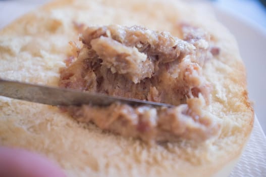 Loin zurrapa pate or lard with pork flakes been spreaded by knife. Selective focus
