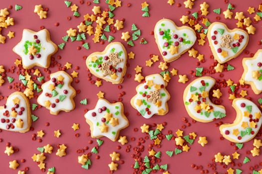 Colorful Christmas cookies with sugar sprinkles on a red background