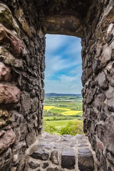 View on castle ruin vetzberg from the medieval castle ruin gleiberg in summertime with beautiful poppy meadows