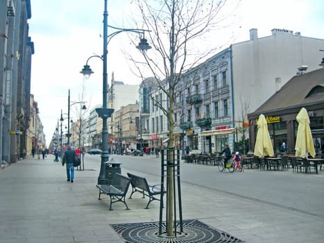 View of street pavement in Lodz. Urban architecture. City life in Lodz. Beautiful urban panorama. Cityscape in Poland. Life in Polish city Lodz