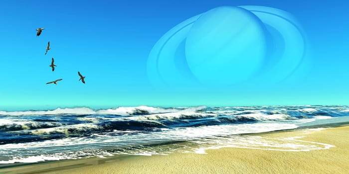 A flock of seagulls fly over ocean waves looking for fish to eat with Saturn planet in the sky.