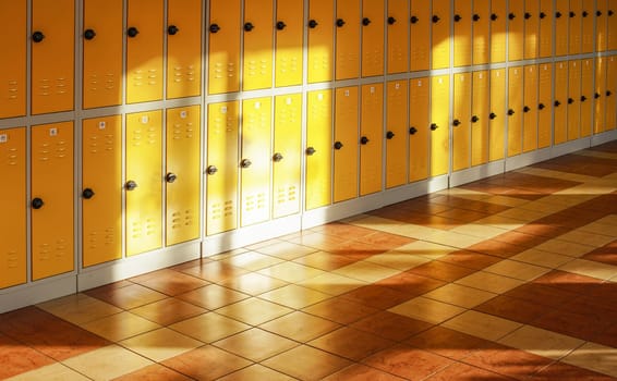 Sun shines on empty elementary school hall, numbered lockers at the wall.