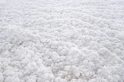 White crystalline salt closeup detail on Ein Bokek beach at Dead Sea - world most hypersaline lake.