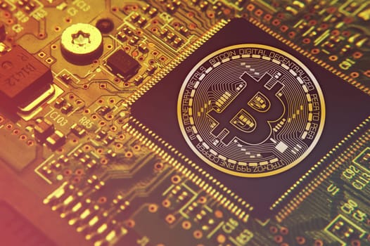 Bitcoin concept - Printed circuit board with bitcoin processor and microchips illustration