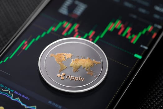 Xrp ripple altcoin trading on smartphone close up