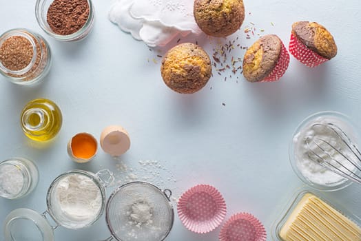 Ingredients for Making and baking Muffin cakes. Holidays, celebration and cooking concept.