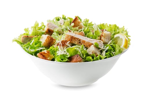 Chicken Salad. Chicken Caesar Salad. Caesar Salad with grilled chicken and croutons. Grilled chicken breast and fresh green salad isolated on white