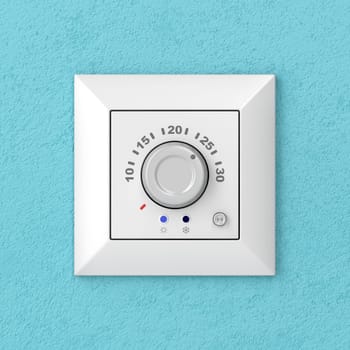 Air conditioner control panel (thermostat) on blue wall, front view
