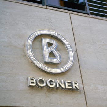 Logo of the luxury brand Bogner on a facade on Kurfuerstendamm in Berlin