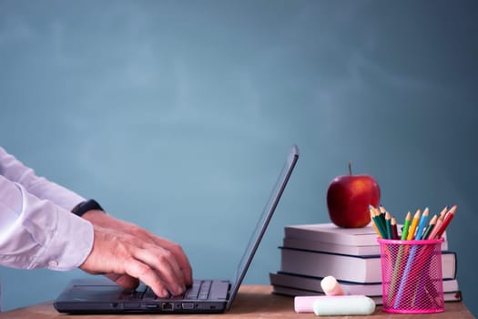 Back to School Concept. School math teacher giving virtual teaching remote class online lesson by zoom conference call on laptop computer.