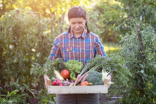 Farmer woman holding wooden box full of fresh raw vegetables. Growing organic food concept
