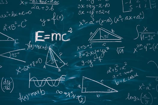 Blackboard inscribed with scientific formulas and calculations in mathematics. Science and education background.