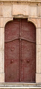 The very old vintage wooden door in Serbia. Selective focus