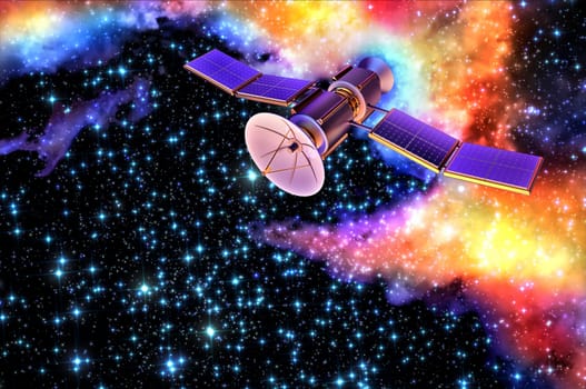 3D model of an artificial satellite of the Earth, equipped solar panels and parabolic satellite communications antenna