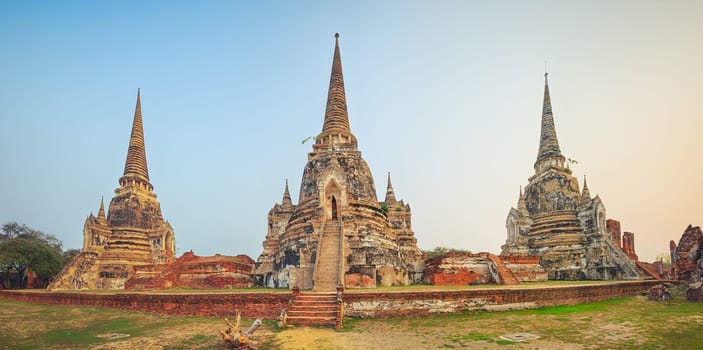 Three stupas in Wat Phra Si Sanphet. Ayutthaya historical park. Panorama