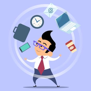 Office worker planning time juggler businessman. The man in glasses and a suit juggles coffee smartphone portfolio email watch the laptop