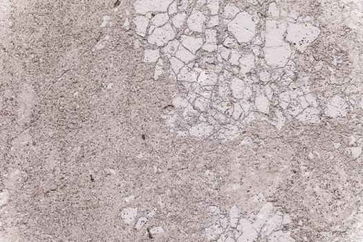 Close up on the brittle texture of plaster covering an exterior load-bearing wall. Porous surface, weather-worn patina. Two-dimensional architectural detail for background use. Gray color with spots.