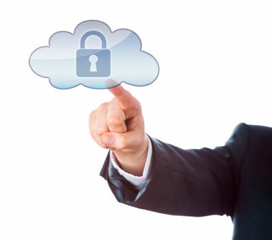 Arm in business suit aiming at a closed lock in a cloud computing symbol. Transparent interface icon or key on touch screen. Metaphor for secure access and cyber-security. Cutout isolated on white.