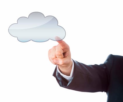 Arm in business suit is pointing index finger at a blank cloud computing icon. Do place your message, product or artwork into the empty cloud symbol! Cutout isolated on white background. Copy space.