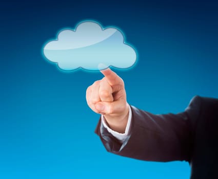 Forearm of a corporate manager pointing at a floating cloud icon. Do place your artwork or copy onto the void cloud symbol! Business metaphor for mobile computing and instant access. Blue background.