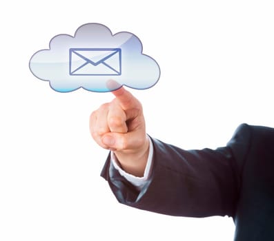 Cutout of forearm raising an index finger to point at an email icon inside a cloud computing symbol. Business or technology metaphor for mobile computing and instant information access. White ground.