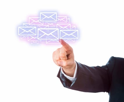 Arm of a business person aiming index finger at many email icons forming a cloud. Technology metaphor for mobile computing. Transparent touch screen interface. Copy space. Cutout on white background.